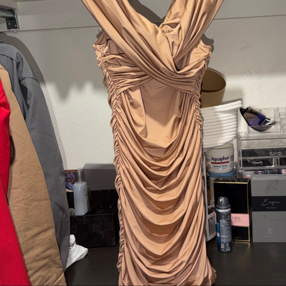 Elegant Tan Ruched Dress